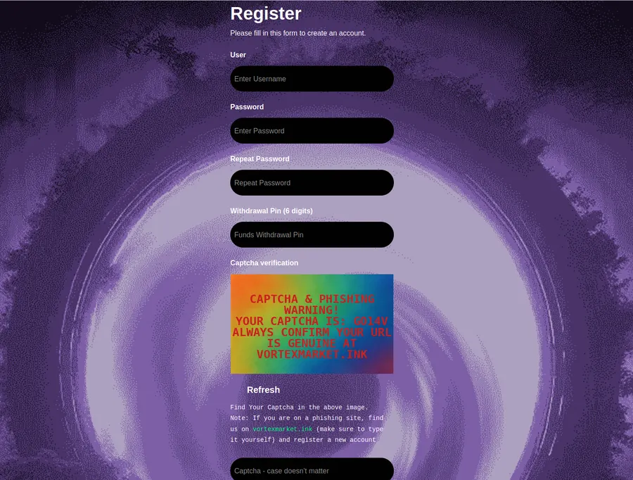 Vortex Market interface with login and PGP features
